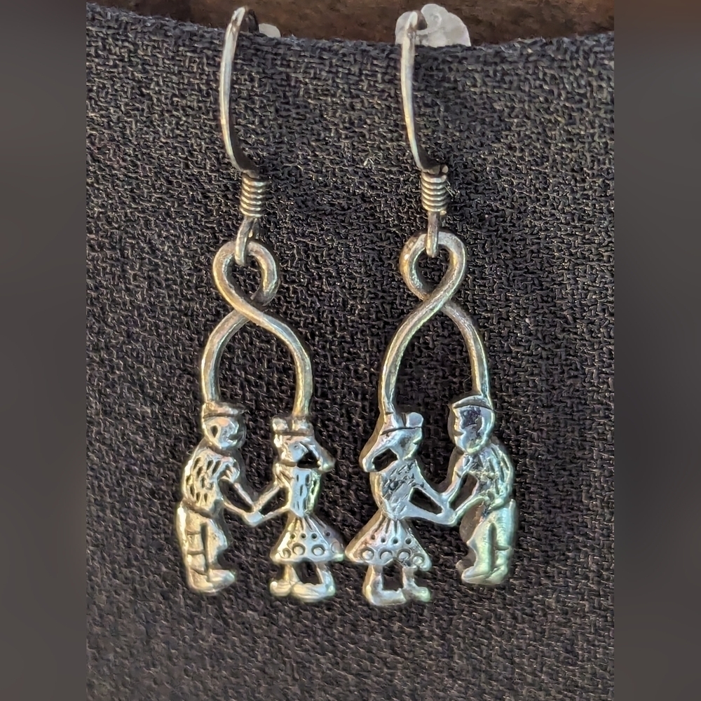 Sterling Silver Boy Girl 1.5 " dangle earrings holding hands drop hooks